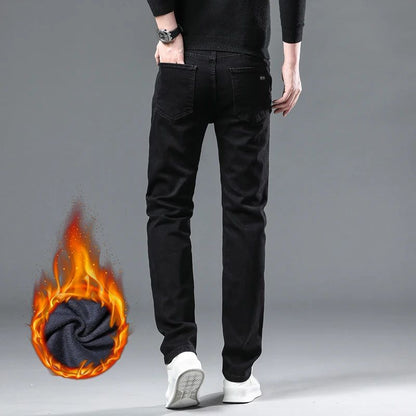 Calça Jeans Masculina Forrada de Lã para Inverno, Reta, Elástica, Preta, de Veludo Grosso, Quente, Casual, Masculina, Tamanhos Grandes