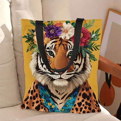 1pc Stylish Tiger & Leopard Print Tote Bag with Vibrant Floral Wreath Design Perfect for Shopping Commuting Gifting on Holidays