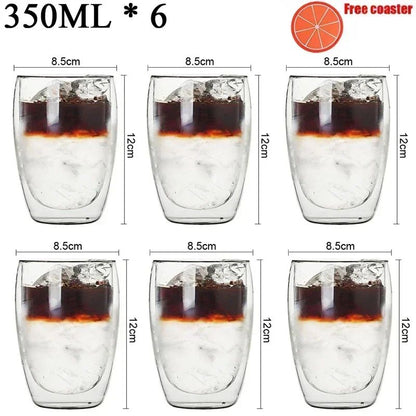 Caneca transparente de parede dupla 2-6 peças Copo de café e leite de vidro borossilicato alto resistente ao calor para casa e escritório