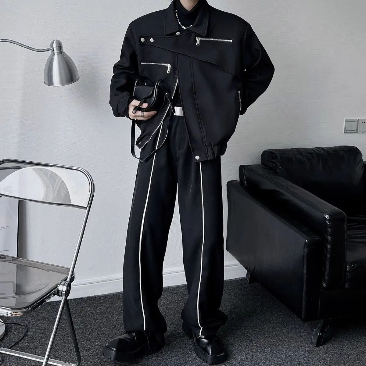 Yamamoto Dark Style Asymmetrical Design Short Lapel Zipper Deconstruction High-end Flying Jacket Jacket for Men