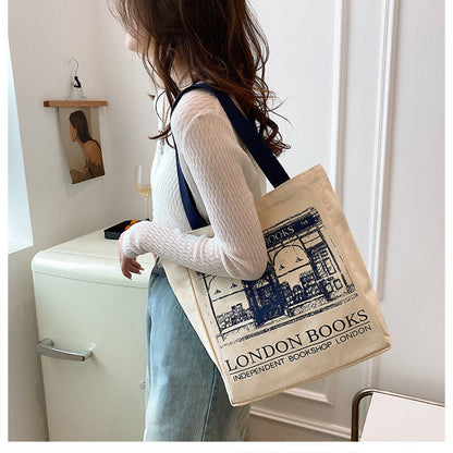 Canvas Women Handbags Shoulder Underarm Bag London Books Print Handbag Large Capacity Ladies Shopping Tote Bag Student Book Bags