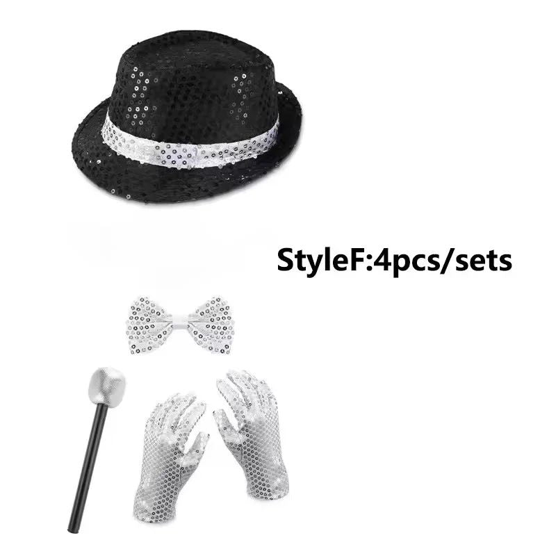 Disco Stage Performance Sequin Hat Tie Glove Set Michael Jackson Cosplay Style Sparkly Costume For Dance Party Halloween Gift