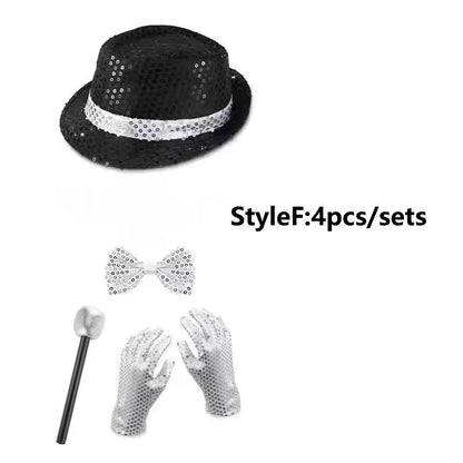 Disco Stage Performance Sequin Hat Tie Glove Set Michael Jackson Cosplay Style Sparkly Costume For Dance Party Halloween Gift