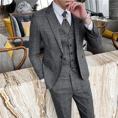 Dark Blue Men's Suit Three Piece, Business Casual Jacket and Vest with Trousers, Gray Dark Brown Slim Fit Sets, Asian Size