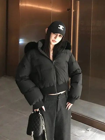 Fashion Street Simple Fur Collar White Zipper Hooded Short Jacket Women 2025 Winter Plus Velvet Thickened Warm Casual Jacket