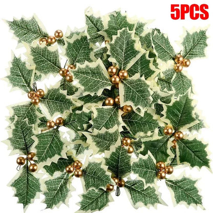 5-100Pcs Artificial Holly Berry Green Leaves Christmas Ornaments Gold Red Holly Berry Stems Xmas Tree Wreath Gifts Party Decor