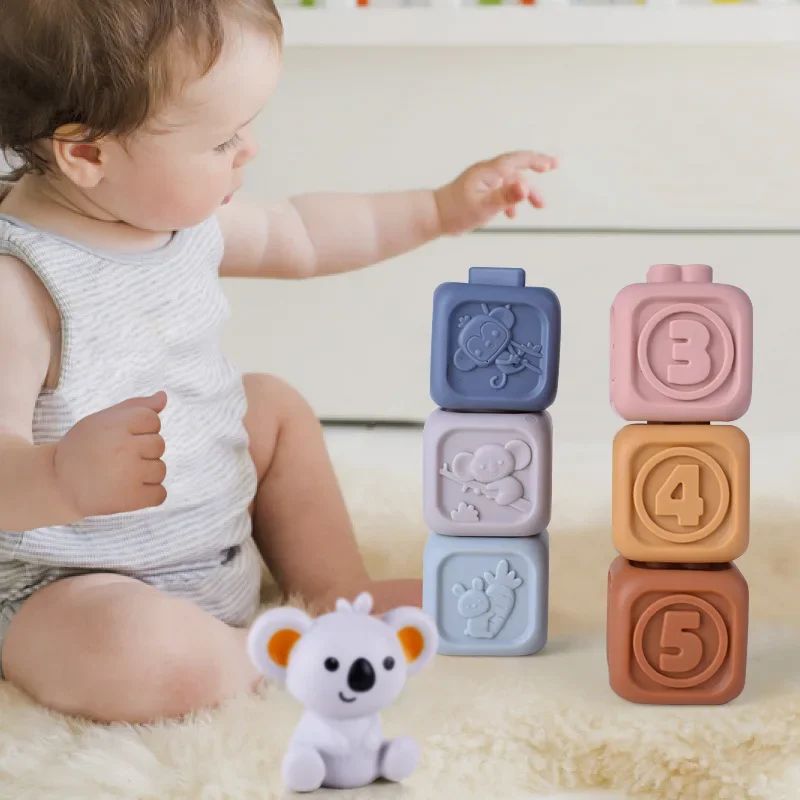 Blocos de Empilhar de Silicone Macio Brinquedo Cubos Macios de Montar Torre de Banho Mordedor Chocalho Blocos de Construção Brinquedos Educacionais Montessori Presente para Recém-Nascidos