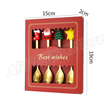 Christmas Cutlery Set Elk Dessert Scoop Fruit Fork Coffee Spoon Stainless Steel Dessert Fork 4/6PCS Christmas Spoons Fork Set