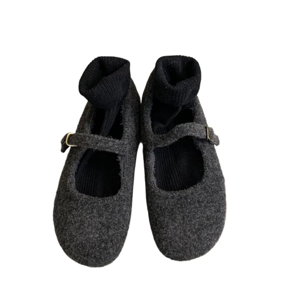 Fashion Square Toe Fleece Flet Ballet Flats Woman Winter Warm Wool Mary Jane Shoes Ladies Brand Design Elegant Plush Loafers