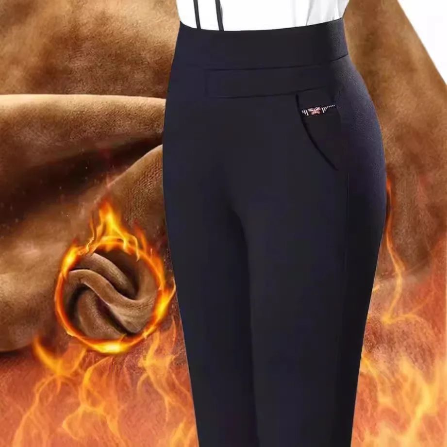 High Waist Thickened Fleece Elastic Straight Leg Pants plus Size Slimming Mom Jeans for Older Women Autumn Winter Trousers