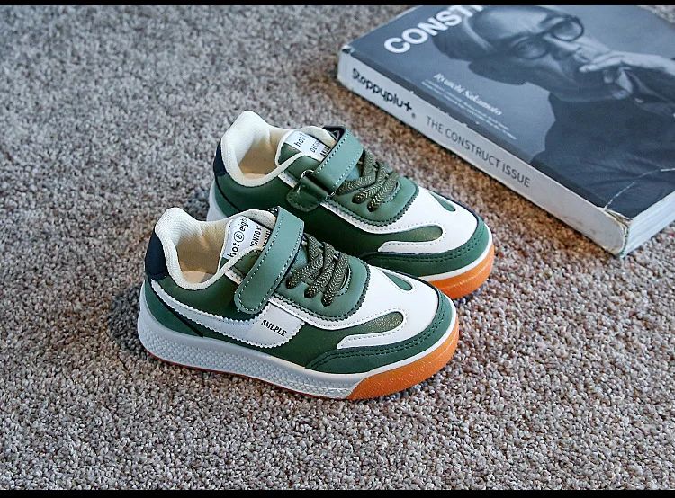 Children's Spring New Leather Upper Sneakers Middle Large Children's Casual Shoes Boys and Girls Soft Sole Students Tennis Shoes