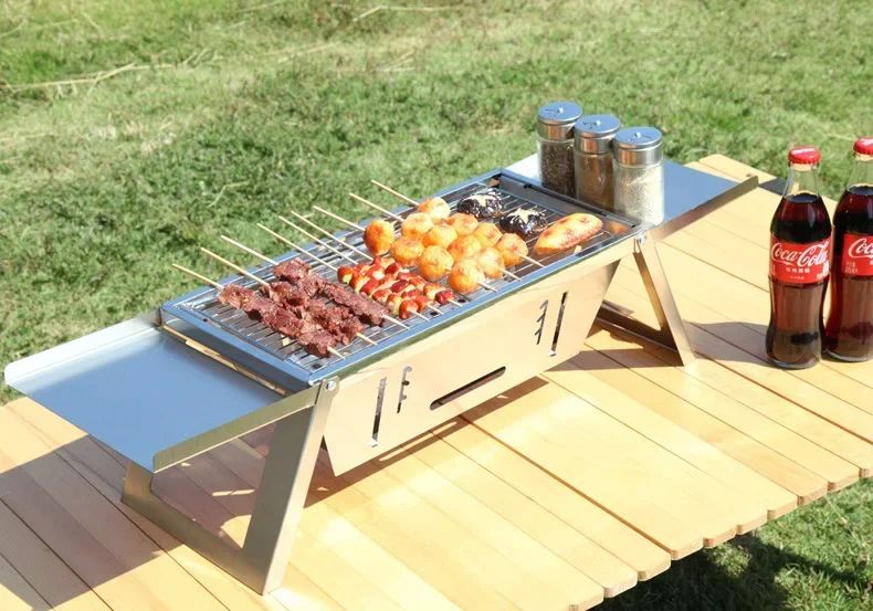 Churrasqueira a Carvão Dobrável de Aço Inoxidável para Uso Externo Pequena Doméstica para Espetos de Churrasco