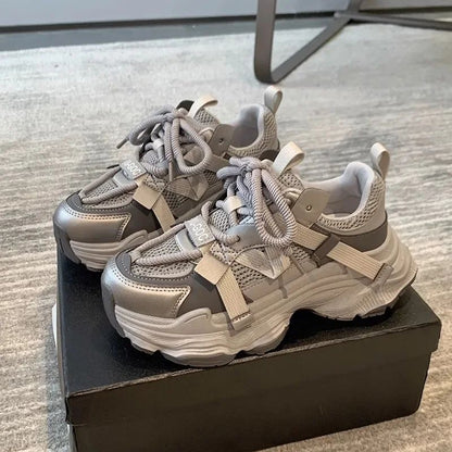 Women's Chunky Sneakers  Breathable Mesh Platform Sports Shoes Woman Fashion Lace Up Thick Sole Casual Shoes Mujer