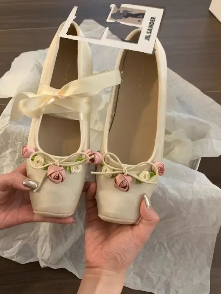 Women Flats Bow Marie Janes Shoes  New Lolita Dress Square Toe Shoes Designer Walking Sandals Female Elegant Zapatos