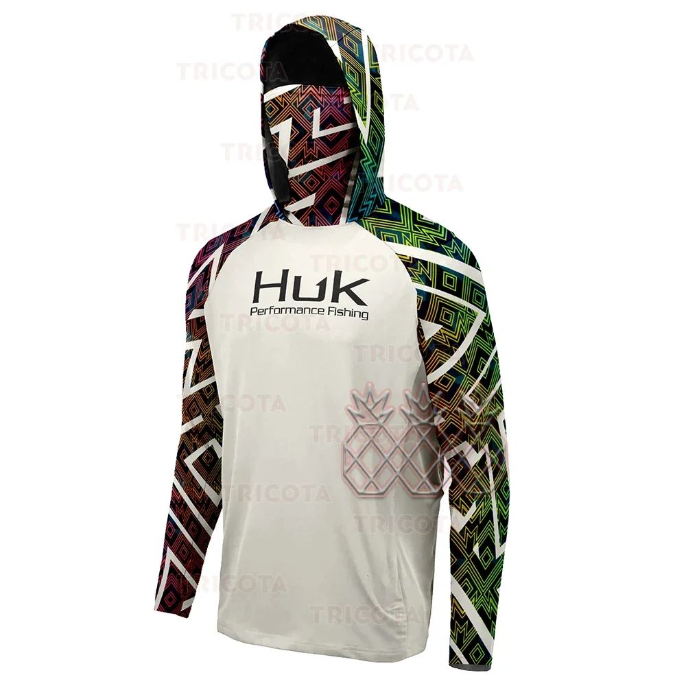 Camisas HUK Fishing Hoodies com Capuz Máscara Protetora para Pesca Roupas de Pesca Masculinas Manga Longa Respirável Proteção UV UPF50+ Camisetas de Pesca