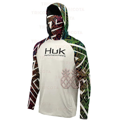Camisas HUK Fishing Hoodies com Capuz Máscara Protetora para Pesca Roupas de Pesca Masculinas Manga Longa Respirável Proteção UV UPF50+ Camisetas de Pesca