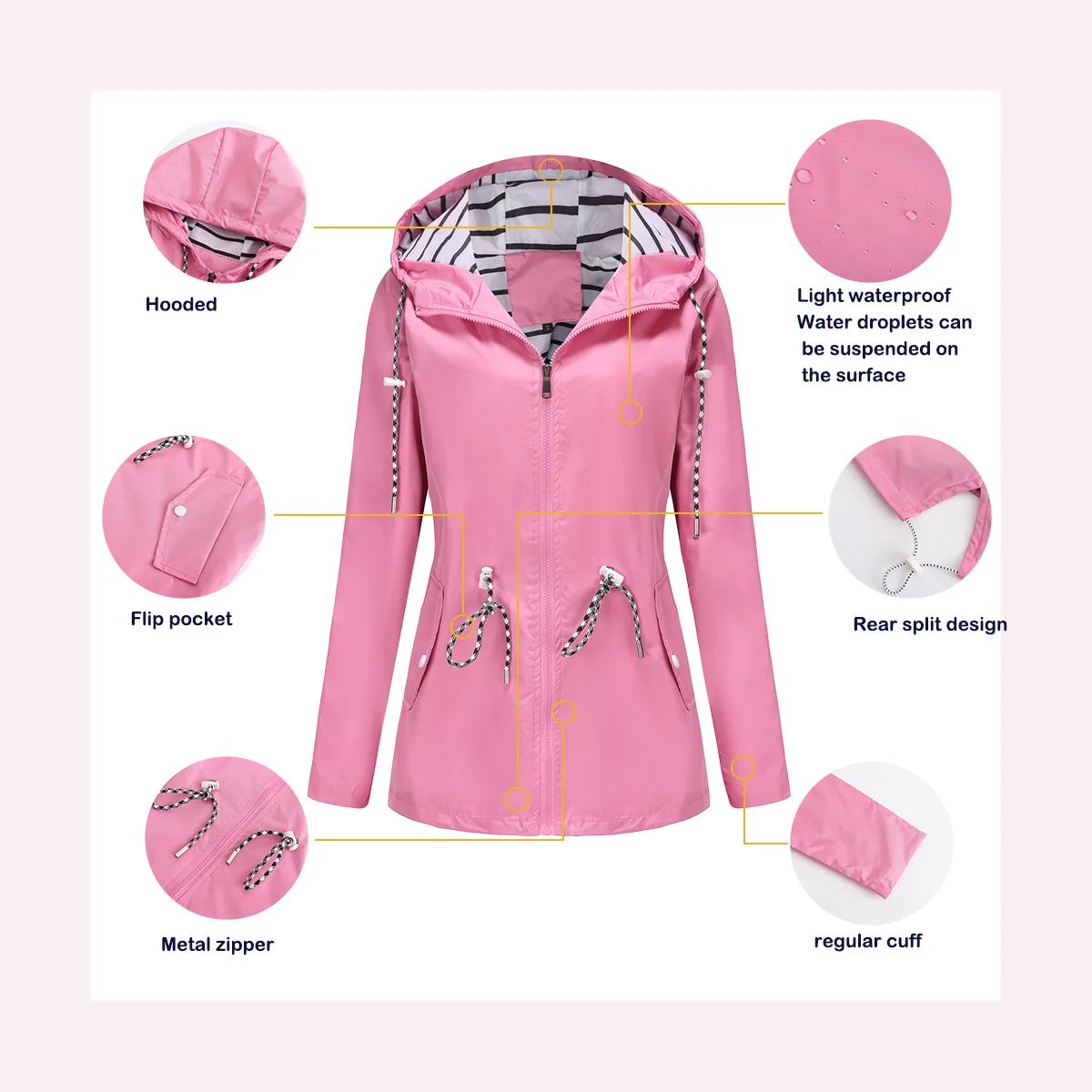 Blue Waterproof Hooded Jacket Women Fashion Casual Coat Waist Drawstring Tie Zipper Switch Red Green Yellow Black Windbreaker