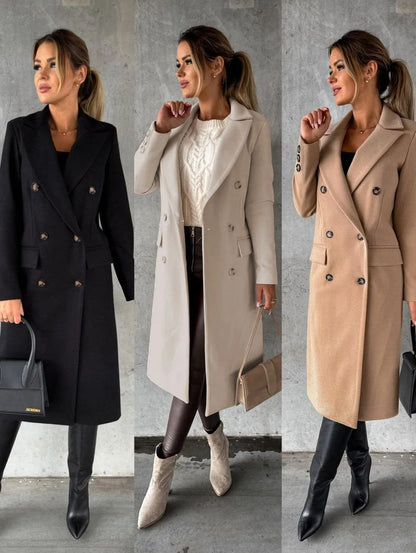 Autumn and Winter Women's Clothing Long-sleeved Lapel Solid Color Double-breasted Slim-fit Coat