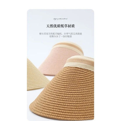 2025 New Summer Outdoor Visor Cap Casual Shade Hat Straw Wide Empty Top Sun Hat Anti Uv Female Large Brim Beach Sunhat Lady