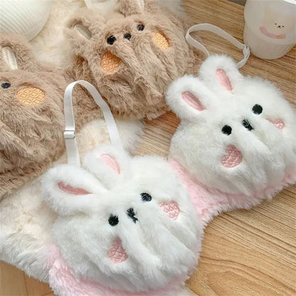 Um Lindo Sutiã de Inverno de Pelúcia Estilo Japonês com Um Coelho e Um Urso, Sem Aro