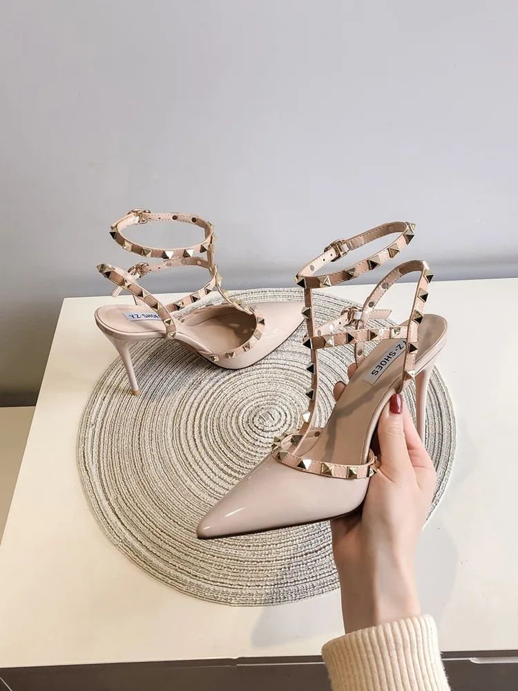 Riveted Nude High Heel Sandals for Women in Summer 2024, New Slim Heeled Pointed Fashion Sexy Back Empty Women's Sandals