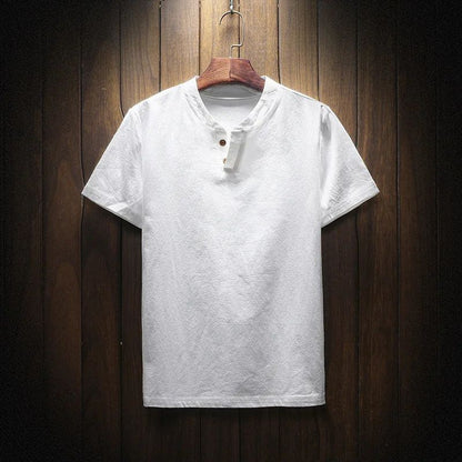 Men's Summer Loose-fit Short Sleeve Linen T-shirt Cotton Linen Body Solid Color Breathable V-neck Thin Top
