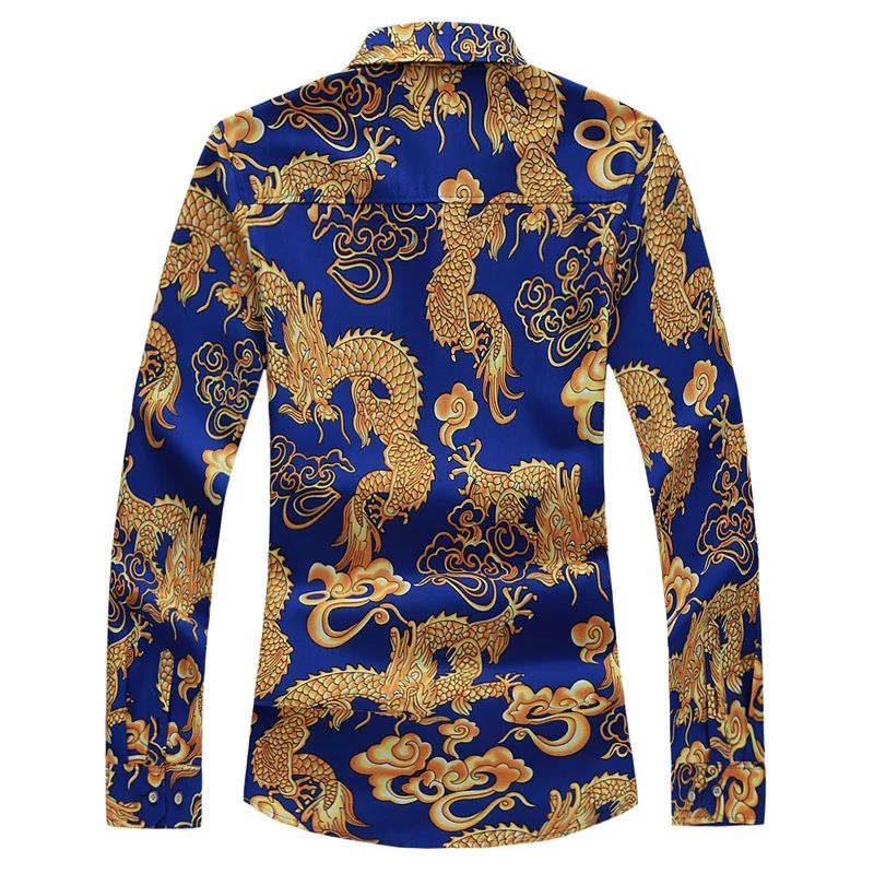 Thin Black Men's Long-sleeved Printed Shirt, Chinese Dragon Print Decoration, Blue Single-breasted Lapel Shirts,Asian Size M-7XL