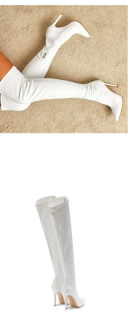 Aneikeh White Sexy Over-the-Knee Side Zipper Slip-On Pointed Toe Shoes NEW Fashion Striped Thin Heels Ladies Boots 2025 Spring