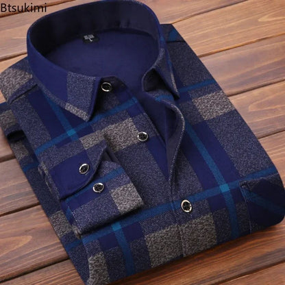 2025 Men's Winter Warm Long Sleeve Plaid Shirts Flannel Fur Lined Thick Formal Shirts Fleece Casual Shirt for Men Dress Shirts