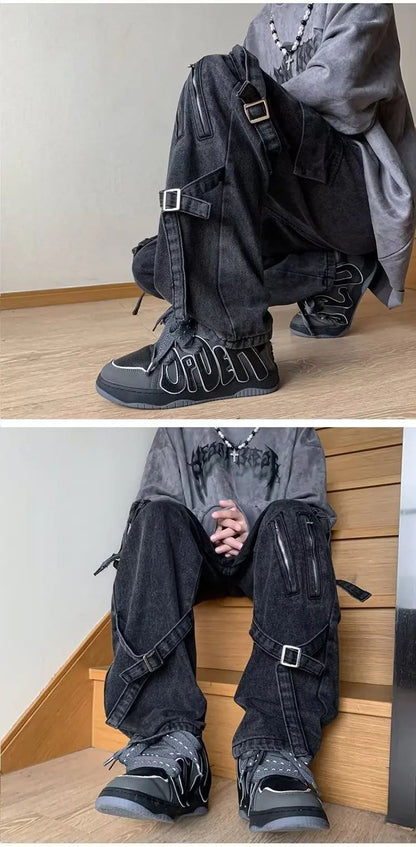 Vibezip-up Americano Jeans Masculinos da Moda Boca de Sino Solta Estilo Gangsta de Rua Ins Roupa de Trabalho Casual
