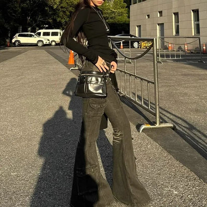 Low Waist Workwear Pants Women's Slimming Floor-Length Bell Bottoms Trendy Y2K Millennium Cargo Trousers Retro American Style