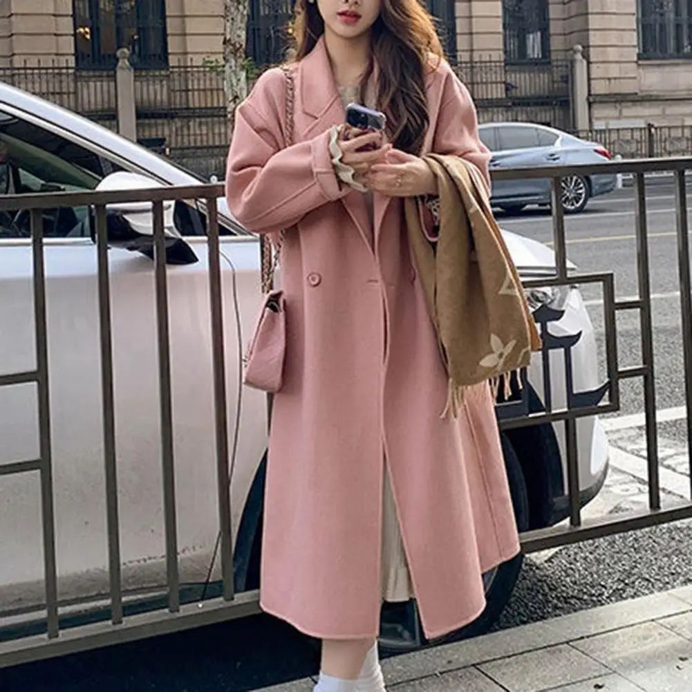 Women Coat Double-Breasted Mid-length Outerwear Lapel Stylish Warm Mid-Length Double Pockets Winter Coat Lady Accessories