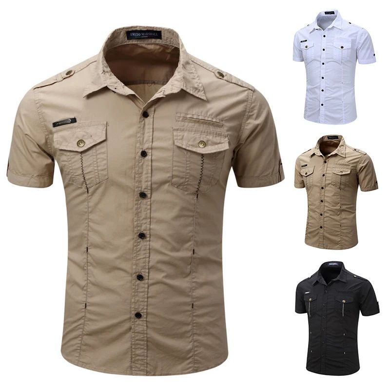 Euro Big Size Men's Cotton Casual Short Sleeve Button-Down Shirt with Chest Pockets Regular-Fit Work Shirt Outdoor Cargo Wear