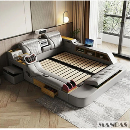 Linlamlim Ultimate Multifunctional Bedframe - Tech Smart Bed with Genuine Leather, Massage, Speaker, Projector, Air Purifier