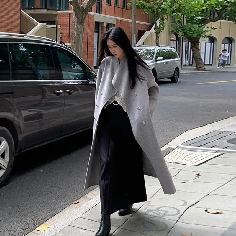 Light Grey Woolen Coat Women's Long Loose Korean Style Fashionable Autumn Winter New Arrival Polyester Fiber Full Sleeve