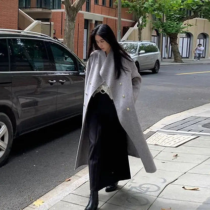 Light Grey Woolen Coat Women's Long Loose Korean Style Fashionable Autumn Winter New Arrival Polyester Fiber Full Sleeve