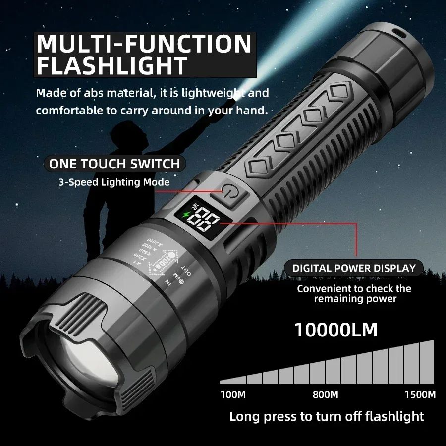 2PCs High Power LED Flashlight Built-in Battery USB Rechargeable Strong Light Tactical Torch Outdoor Camping Fishing Lantern