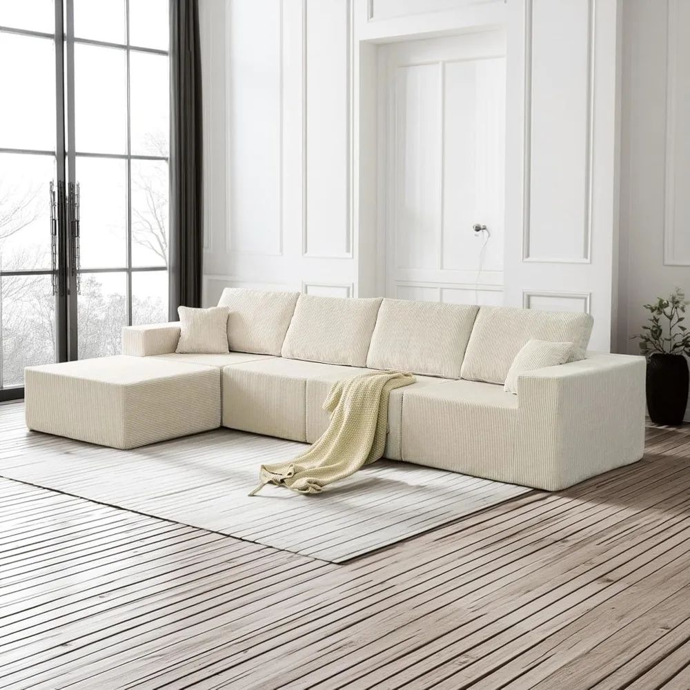 139.3" Luxury L-Shaped Modular Sofa – Corduroy Boneless Cloud Couch with Deep Seat, Movable Ottoman for Living Room