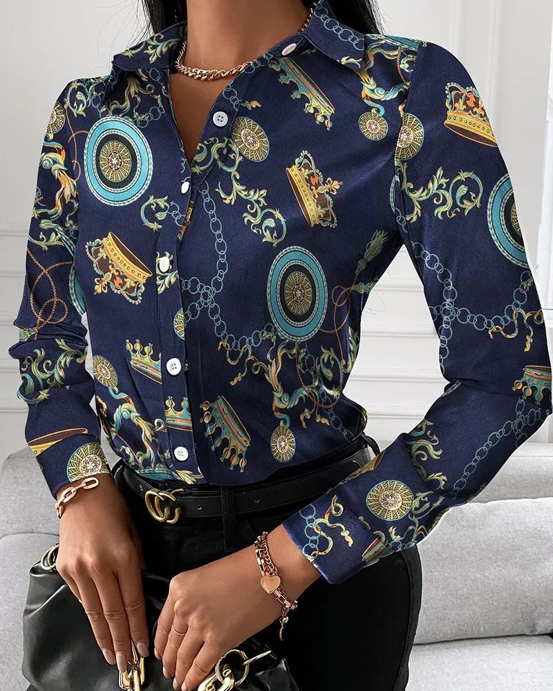 Summer New Women's Long-sleeved Shirt, Single-breasted Printed Shirts Fashion Casual Tops Camisa Female Chemise S-XXL