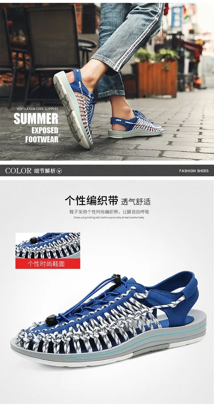 Summer Men Sandals Women Slippers Weaving Design Beach Sandals Breathable Casual Flat Sandals Outdoor Couples Sandals Size 48