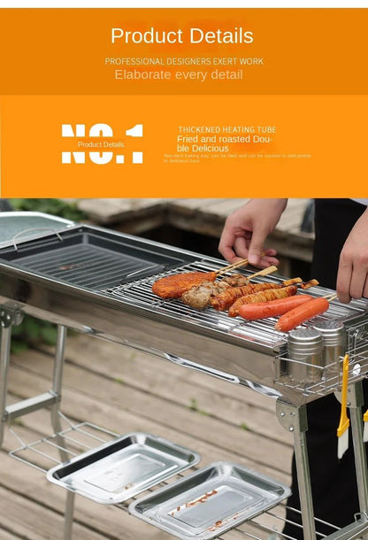 Outdoor Stainless Steel Charcoal Grill Large Size Barbecue Tool Portable Free Installation Handle Folding BBQ Cooking