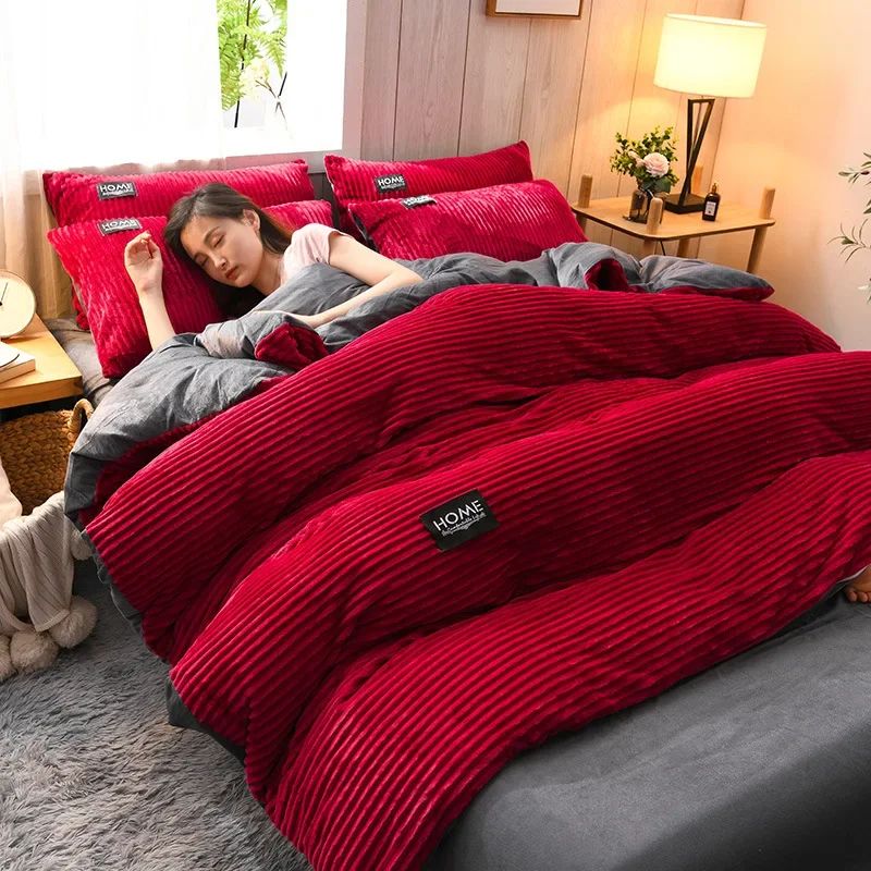 Milk Velvet Winter Thick Bed Set Double Sided Solid Color Flannel Corduroy Duvet Cover Set Winter Warm Bedding Sheet  220×240CM