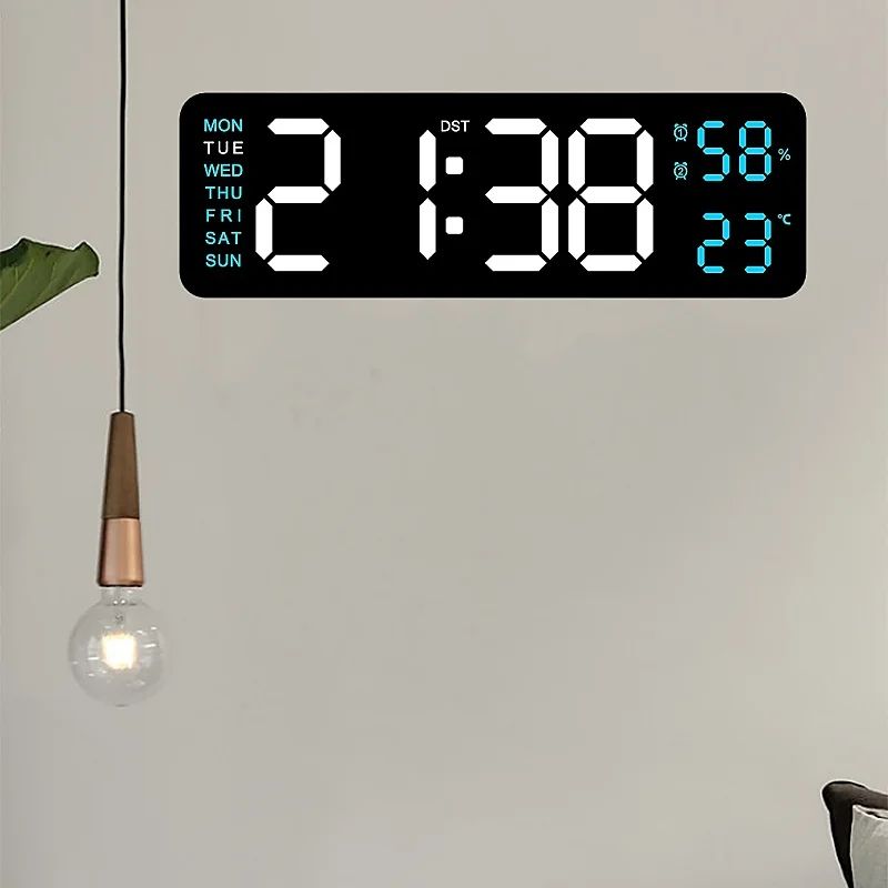 LED Electronic Alarm Clock 9-inch Wall Clock USB Powered Temperature and Humidity Display Auto-dimming Desktop Clock