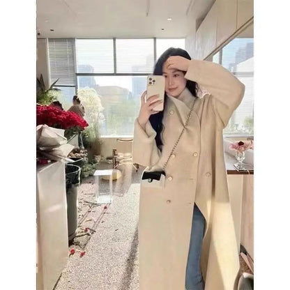 Light Grey Woolen Coat Women's Long Loose Korean Style Fashionable Autumn Winter New Arrival Polyester Fiber Full Sleeve