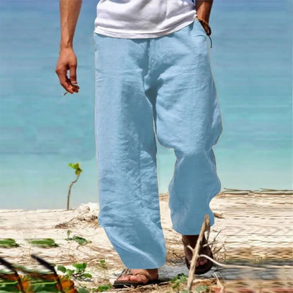 Men's Linen Beach Pants Breathable Loose Straight Trousers Male Summer Casual Solid Color Japanese Streetwear