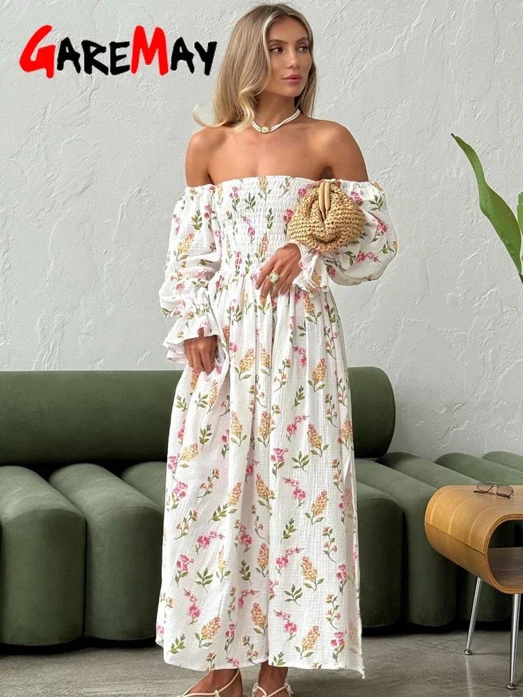 Women's Summer Cotton Dress 100% Elegant Ruffle Midi Floral Print Dress with Sid
