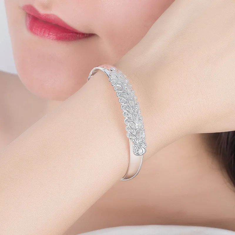 Pulseira Feminina Pavão Vazado de Prata Esterlina 925 Textura de Luxo Aberta Presente de Joias Originais para Festa