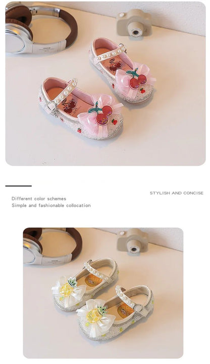Children's Leather Shoes Autumn New Pink Soft Bottom Flat Kid's Casual Shoes Fashion Cute Cherry Bow Girls' Princess Shoes