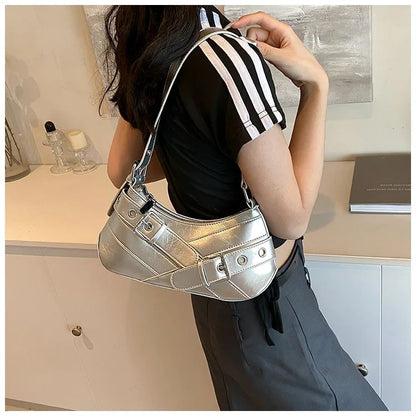 Red Vintage Shoulder Bag Y2K Belt Design PU Leather Underarm Bags for Women Trend Hot Cool Girl Crossbody Bag Punk Style Handbag