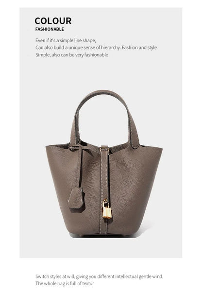 Genuine Leather Shoulder Bucket Bag Women Litchi Pattern Mini Basket Tote Soft Handbag Mommy Bride Wedding Bags with Lock